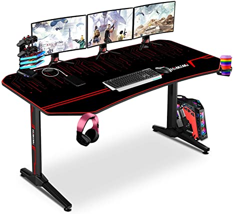 Gaming Computer Desk 63 Inch Racing Style, Large Gamer Workstation PC Table with Carbon Fiber Surface, Full Desk Mouse Pad, Cup Holder & Headphone Hook, Black