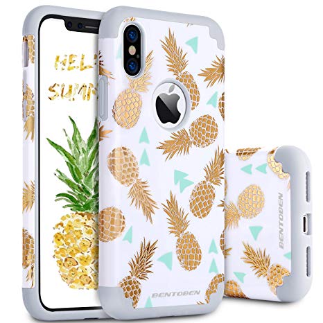 BENTOBEN iPhone Xs Case, iPhone X Case, Shockproof Slim Anti-Scratch Gold Pineapple Design Hybrid Hard PC Soft Rubber Glossy Protective Case for iPhone Xs/X/Ten【Support Wireless Charging】, White/Gold