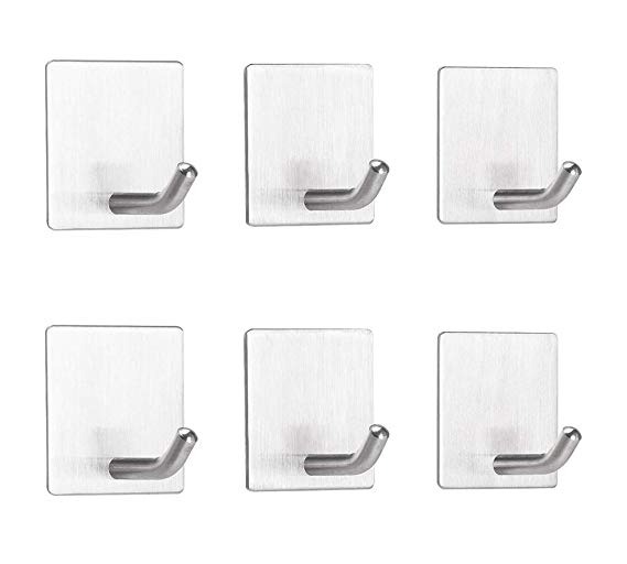 Airisoer Adhesive Hooks Wall Hooks Heavy Duty Stainless Steel Hooks for Hanging Towels Key Apply to Bathroom Home Kitchen Office 6 Packs