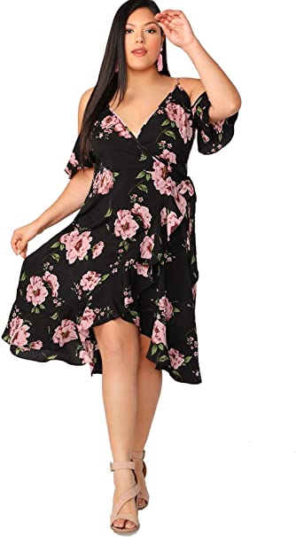 Milumia Women's Plus Size Cold Shoulder Floral Boho Ruffle High Low Maxi Cami Dress