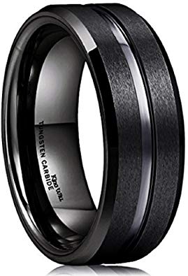 King Will CLASSIC 8mm Black Tungsten Carbide Wedding Band Ring Polished Finish Grooved Center Comfort Fit