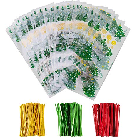 Boao 100 Pieces Christmas Cellophane Treat Bags Clear Goodies Bags with 150 Pieces Twist Ties for Christmas Party Supplies(Christmas Tree)