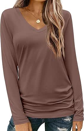 Zeagoo Womens T Shirts Long Sleeve V Neck Basic Tee Soft Casual Loose Fit Fall Tops Outfits 2024