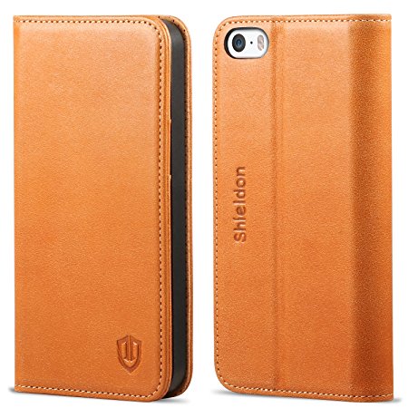 iPhone SE case, iPhone 5s case, SHIELDON Genuine Leather Case, Handmade Wallet Case, Flip Folio Book Cover with Kickstand Feature, Card Slots and Magnetic Folder for iPhone 5s / iPhone 5, Brown