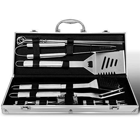 Albessel BBQ Grill Tool Set, 18 Pieces Stainless Steel Professional Barbecue Utensils Heavy Duty Accessories with Aluminium Case for Men, Outdoor Grilling, Cooking, Party, Camping
