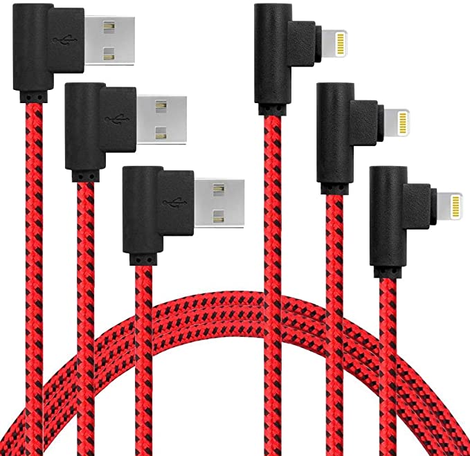 [3-Pack] 6FT/2M iPhone Gaming Charger Cable 90 Degree Elbow Game Video Watching Compatible with iPhone 11/ Pro/Max/X/XS/XR/XS Max/ 8/ Plus/7/7 Plus/6/6S/6 Plus More (Black Red, 6FT)