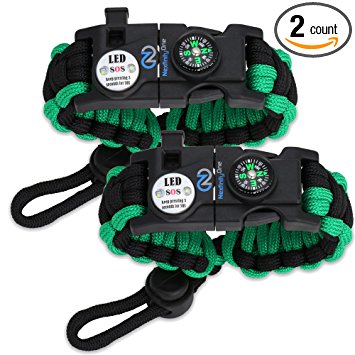 Survival Paracord Bracelet set for Women or Men used in emergency outdoor situations with 550 adjustable tactical grade and multi tool kit, fire starter, compass, whistle and more - 2 PACK