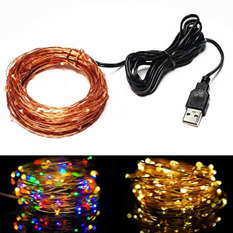 String Lights,SOLLA 33ft 100LEDs USB Powered Copper Wire Lights Waterproof Starry String Lights Flexible Fairy Lights for Christmas Wedding Party Indoor Outdoor(Color)