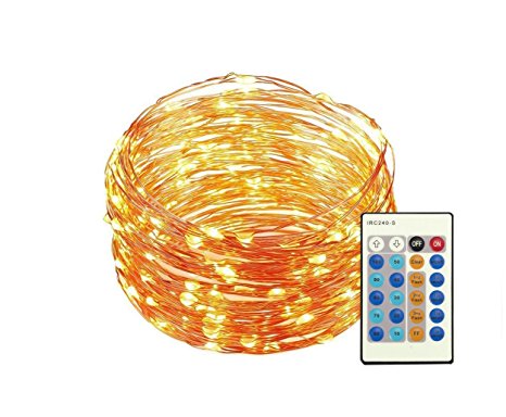 Dimmable Led String Lights with Remote, 33ft/10m 100LEDs Flexible Copper Wire Light,Firefly Lights with UL Certified for Chirstmas Tree, Wedding,Party [12-Month Warranty] - Warm White