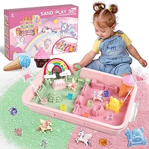Weilim Unicorn Sensory Bin for Girl, Magic Sand Art Kit with Sandbox, Color Sand, Unicorn Fine Motor Kids Toy Christmas Birthday Gift for Toddler Ages 3 4 5 6 7 8
