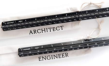 Architectural Scale Ruler and Engineer Scale Ruler Set - Two Black Laser-Etched 12 Inch Solid Aluminum Triangular Scale Rulers with Protective Sleeves