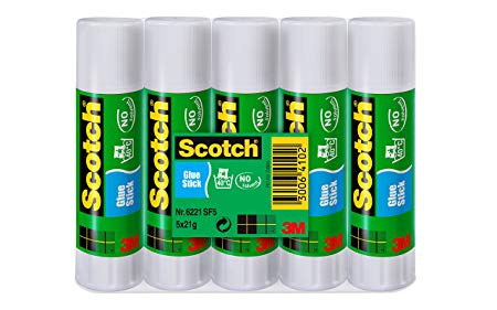 Scotch 3M Permanent Glue Stick Solvent-free, Water-based Adhesive Stick for Paper and Cardboard, pack of 5 sticks (21 g each)