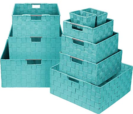 Sorbus Storage Box Woven Basket Bin Container Tote Cube Organizer Set Stackable Storage Basket Woven Strap Shelf Organizer Built-in Carry Handles (Aqua)