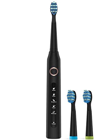 Sonic Electric Toothbrush for Adults and Kids, Rechargeable Power Toothbrush with 5 Modes and 3 Brush Heads, USB Charging Travel Toothbrush with 2-Minute Timer, Waterproof Black