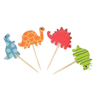 Honbay 48PCS Double Sided Dinosaur Cupcake Toppers Food Fruit Picks