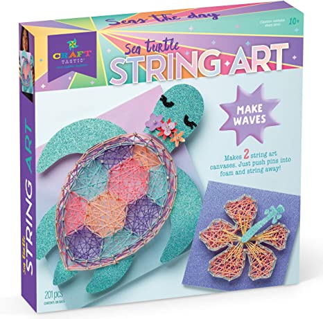 Craft-tastic DIY String Art – Craft Kit for Kids – Everything Included for 2 Fun Arts & Crafts Projects – Features a Sparkly Sea Turtle & Hibiscus Flower Patterns