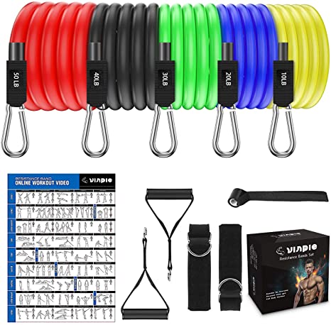 Vinpie Resistance Bands Set, [2020 Newest] 5 Stackable Exercise Bands with Door Anchor,2 Handles,2 Legs Ankle Straps,Waterproof Carry Bag, for Resistance Training, Fitness,Home Workouts