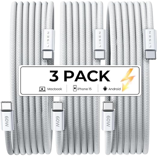 LISEN USB C Cable 60W 6.6ft/3Pack USB C to USB C Cable USB 2.0, Type C Charging Cable Fast Charge, Compatible with iPhone 15/15 pro, MacBook, iPad, Samsung Galaxy S24