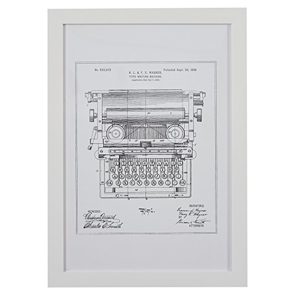 Silver on White Blueprint of 1899 Typewriter, White Frame, 15" x 21"