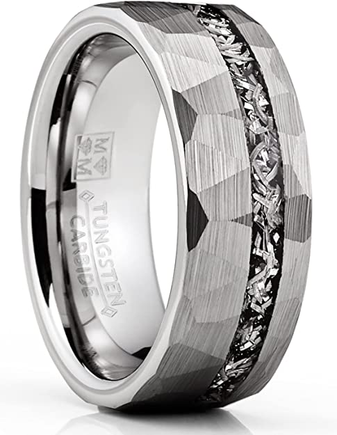 Metal Masters Co. Men's Tungsten Carbide Ring Hammered Meteorite Wedding Band 8MM Silvertone Black