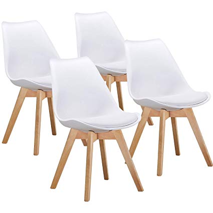 VECELO Retro Dining Side Mid Century Modern Chairs Durable PU Cushion with Solid Wooden Legs, Set of 4, White