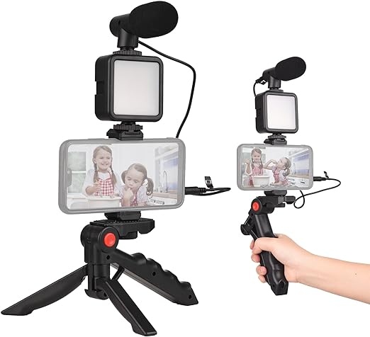 Andoer Smartphone Vlog Kit Mini LED Video Light   Cardioid Microphone   Extendable Phone Clip   Tripod with Adjustable Brightness for Live Stream Vlog Video Shooting Video Conference Selfie