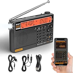 Raddy RF757 APP Control Shortwave Radio, Portable Radio with AM/FM/SW/VHF/UHF/CB/AIR/NOAA Reception, 2500mAh Rechargeable Battery, 1000 Presets, Headset, Wired Antenna, SOS Alert for Emergency