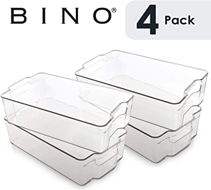 BINO Stackable Plastic Organizer Storage Bins, X-Large - 4 Pack - Pantry Organization and Storage Refrigerator Organizer Bins Fridge Organizer Freezer Organizer Pantry Organizer Pantry Storage