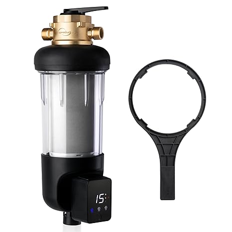 iSpring WSP50ARJ-BP Whole House Prefilter, Spin-Down Sediment Water Filter with Bypass, Upgraded Clear Housing, Jumbo Size, Flushable and Reusable, Touch-Screen Auto Flushing, 4 Modes, 50 Microns