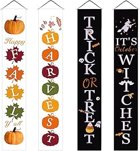 Tatuo 3 Pcs Halloween Reversible Banner Halloween Trick or Treat Witches Banner and Happy Fall Harvest Thanksgiving Halloween Day Porch Sign Hanging Sign for Fall Decorations Outdoor (Black and White)