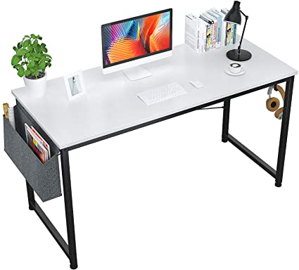 Foxemart 55" Computer Desk Modern Sturdy Office Desk 55 Inch Writing Study Desk Simple PC Laptop Notebook Table with Storage Bag and Iron Hook for Home Office Workstation, White