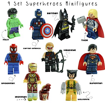 Kids Corner Productions - Super Heroes Figures 9 Set Mini Figures Party Bag with Batman, Spiderman, IronMan, Thor, SuperMan, Wolverine, Captain America, Hawkeye and The Hulk
