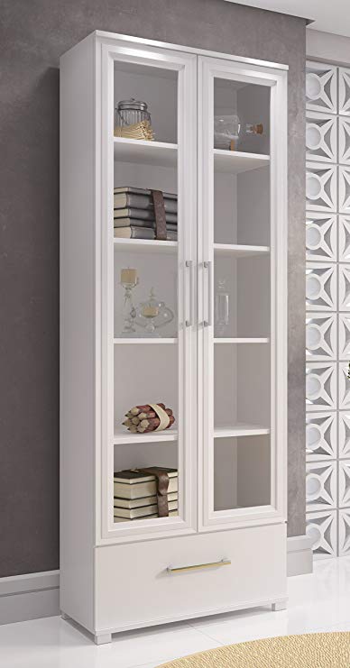 Manhattan Comfort Serra 1.0 Bookcase Collection Modern 5 Shelf Bookcase Display Case with 2 Glass Doors and 1 Bottom Drawer, White