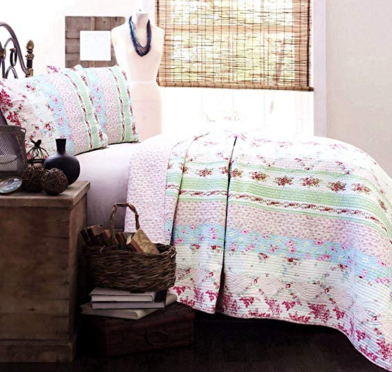 Cozy Line Home Fashions Daisy Field Bedding Quilt Set, Pink White Flower Floral Embroidered Real Patchwork 100% Cotton Reversible Coverlet Bedspread, Gifts for Girl (Wild Rose, King - 3 Piece)