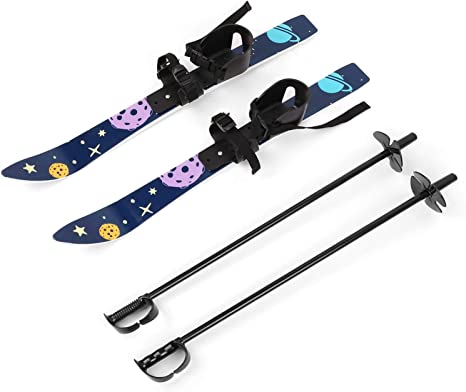 Odoland Kid's Beginner Snow Skis and Poles, Low-Resistant Ski Boards for Age 4 and Under, Snowflake