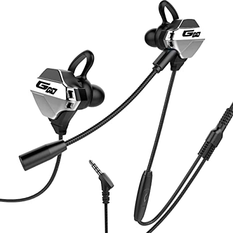 LancaTune Gaming Earbuds with mic in-Ear Gaming Headset with 3.5mm Jack Dual Microphones Design Noise Cancelling for Mobile Gaming, Nintendo Switch, Xbox One, PS4, PS4 Pro, Laptop, PC- Black/Silver