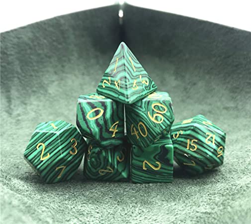 Momostar Set of 7 Stone Dice for RPG,Dungeons & Dragons Dices Handmade by Natural Gemstones. (Font A Malachite)