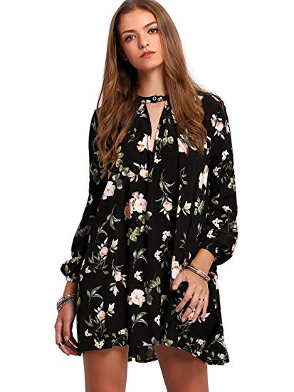 Milumia Women's Bohemian Long Sleeve Floral Print Short Mini Tunic Dress