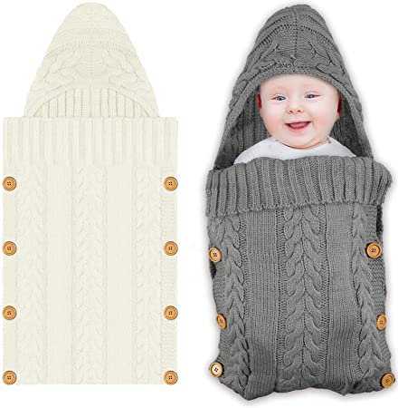 2 Pieces Baby Swaddle Blankets Knit Newborn Baby Wrap Swaddle Blanket Knit Sleeping Bag Receiving Blankets Stroller Wrap for 0-6 Months Baby