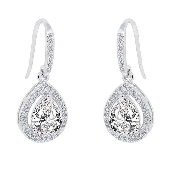 Cate & Chloe Isabel 18k White Gold Teardrop CZ Earrings, Drop Dangle-Earrings, Best Silver Earrings for Women, Girls, Ladies, Halo Drop Earrings with CZ Crystals - msrp $150