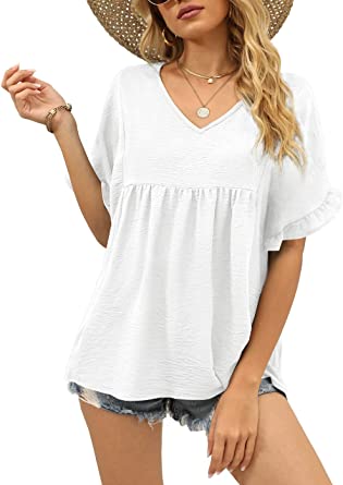 Sieanear Blouses for Women V Neck Short Sleeve T Shirt Loose Fit Summer Peplum Tops Babydoll