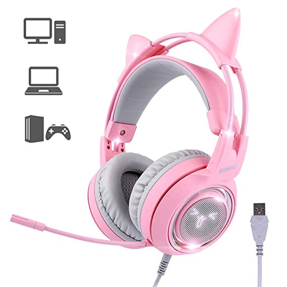 SOMIC G951pink Gaming Headset, Pink Cat Ear Headphone with Virtual 7.1 Surround Sound, LED Light, Microphone for PC, PS4, Laptop for Girlfriend/Women (USB Jack)