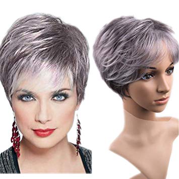 Lady Miranda Gray-White Color Short Layer Nature Curly with Bangs Synthetic Wig Heat Resistant Weave Full Wigs for Women (black&gray)