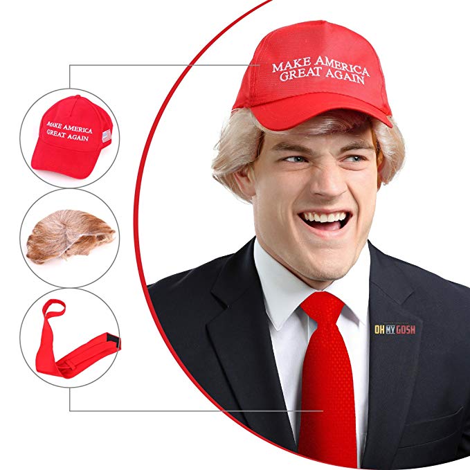 Donald Trump Costume & Wig - Tie Cap Wig Hat MAGA Funny Fancy Dress for Halloween America