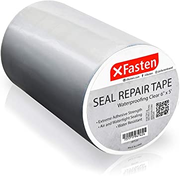 XFasten Waterproof Patch Seal Repair and Leak Shield Tape, Clear, 6-Inch x 5-Foot, Weatherproof Water Barrier Tape for Chimney, Roof, Boat, and HVAC Hose Repair