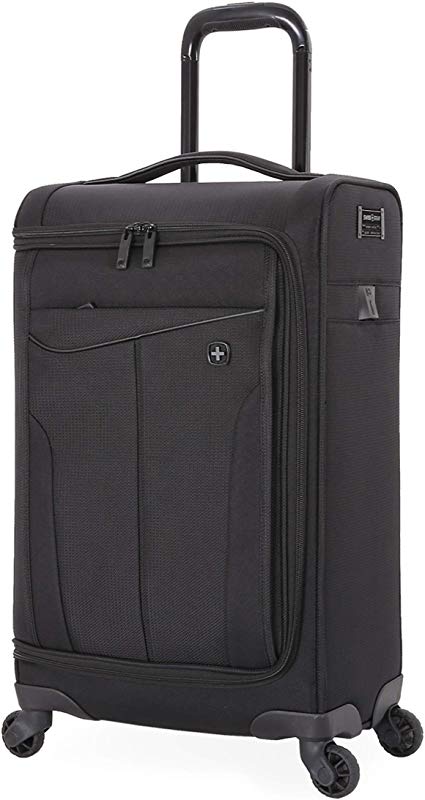 SWISSGEAR Getaway Expandable Carry-On USB Spinner with Garment Bag | Built-in Powerbank-Ready USB Port | Charge-Capable Smart Luggage - Men's and Women's - Black