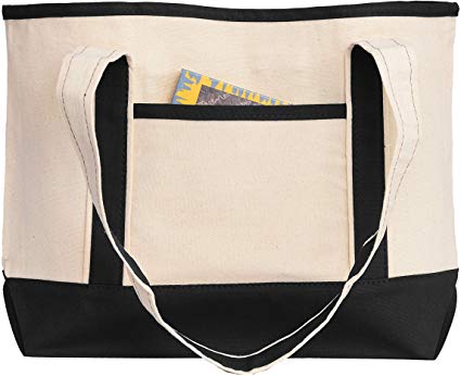 Heavy Canvas Two-Tone Boat Tote Bags with Front Pocket for Beach, Grocery Shopping, Travel by TBF Bags (Set of 2) (Black, Medium)