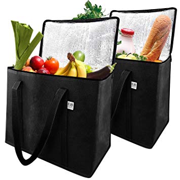 Insulated Grocery Shopping Bags Reusable X-Large Premium Quality Cooler Bag Set with Reinforced Long Handles and Zipper Foldable Insulation Tote for Warm or Cold Food Delivery (2-Pack) (Black)