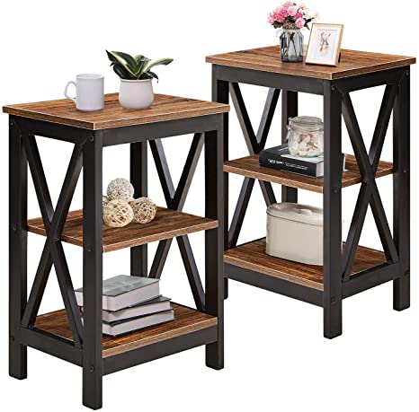 VECELO Versatile Side/End Table with Storage Shelf Nightstands for Living Room,Bedroom Furniture,Brown/Set of 2, Shelves