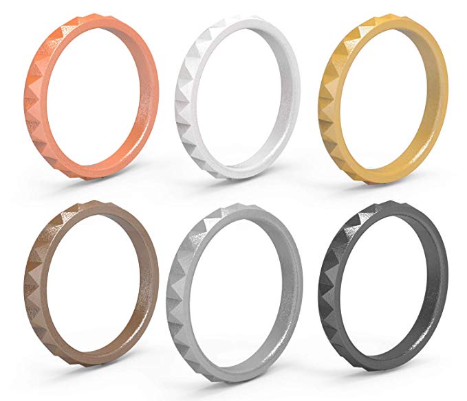 Arua Thin Silicone Wedding Rings for Women | 6-Pack | Stackable Silicone Rings, Diamond Pattern – Fashion Rubber Wedding Bands - Comfortable & Antibacterial